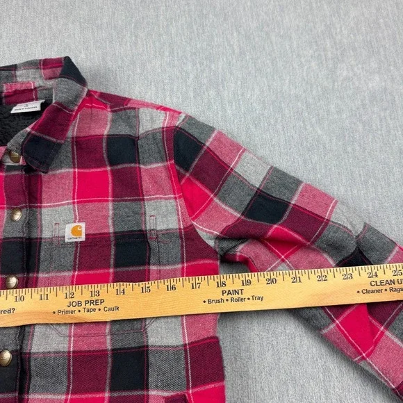 Carhartt‎ Flannel Shirt Girls Large 14 Pink Black Plaid Sherpa Lined Snap Button - Picture 6 of 10